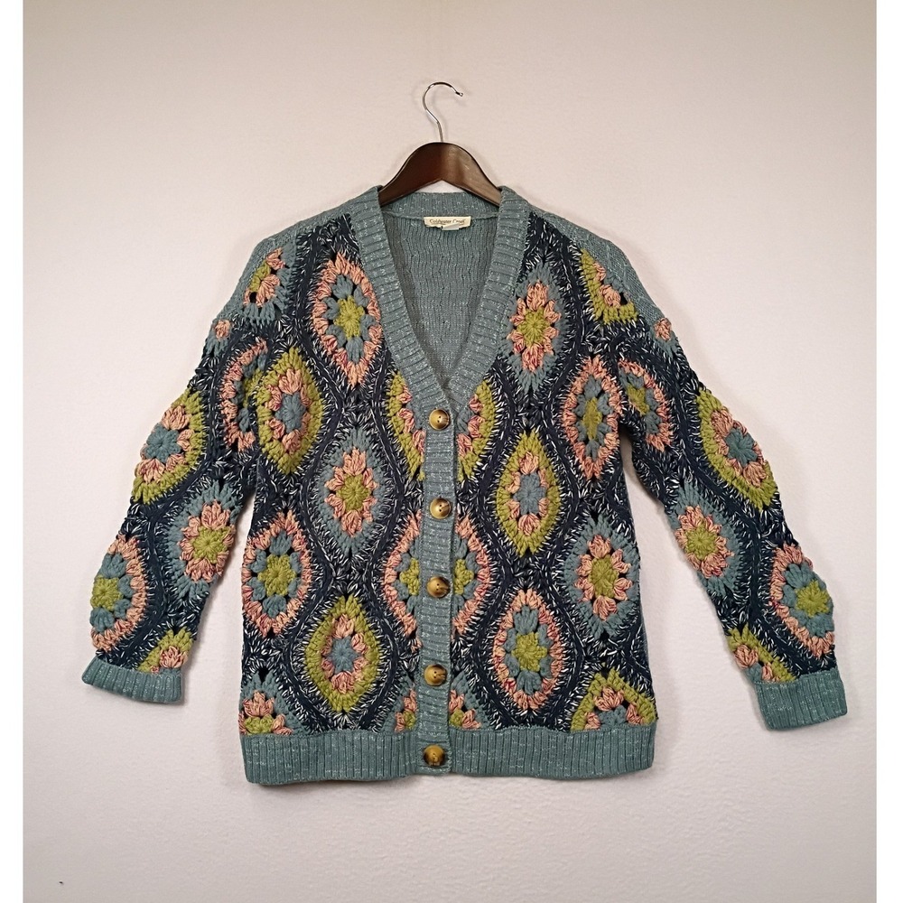 Cottagecore Coldwater Creek Womens PS Blue Crochet Patchwork Cardigan Sweater
